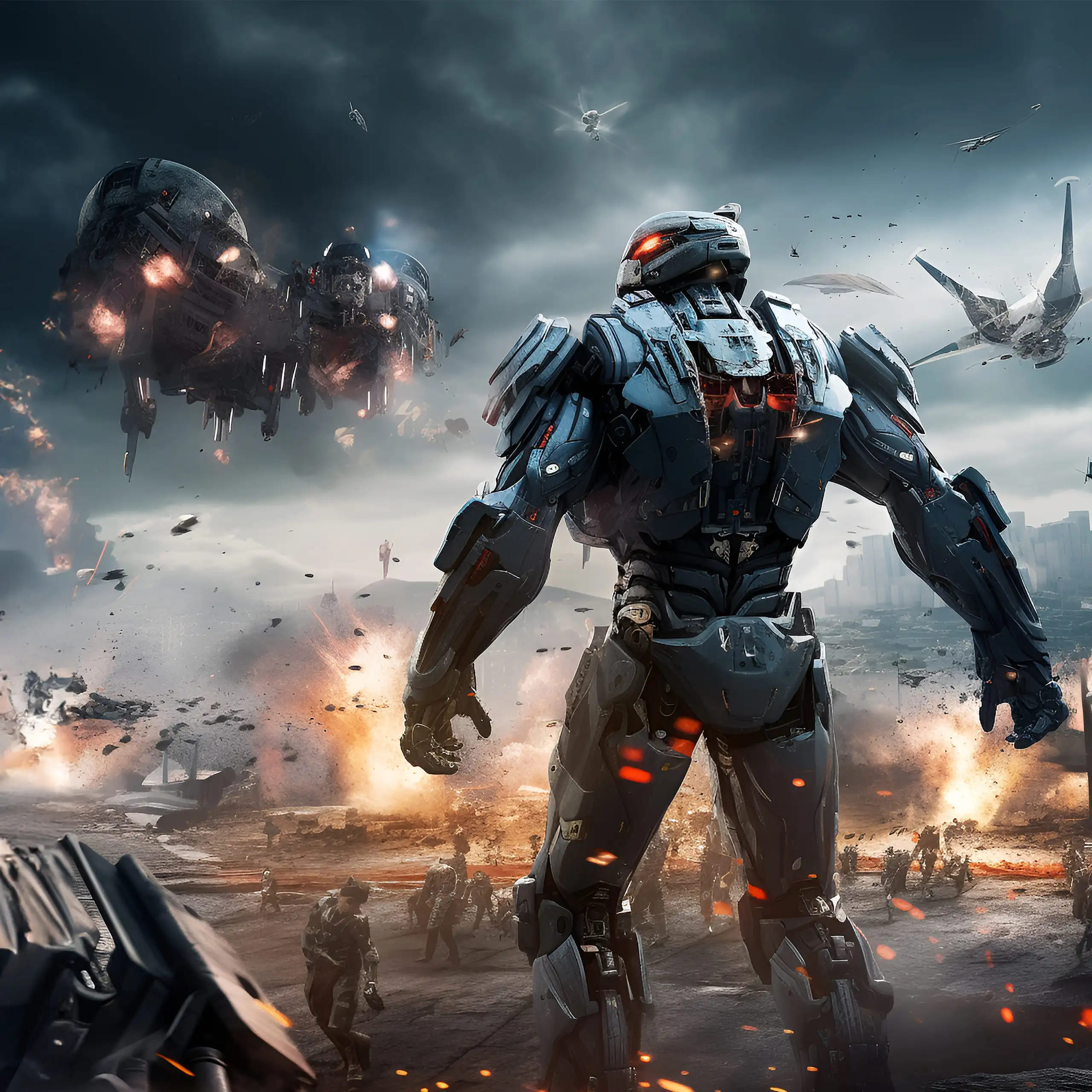 A futuristic armored robot stands on a war-torn battlefield with explosions, spA futuristic armored robot stands on a war-torn battlefield with explosions, spaceships, and soldiers in the background.ldiers in the background.