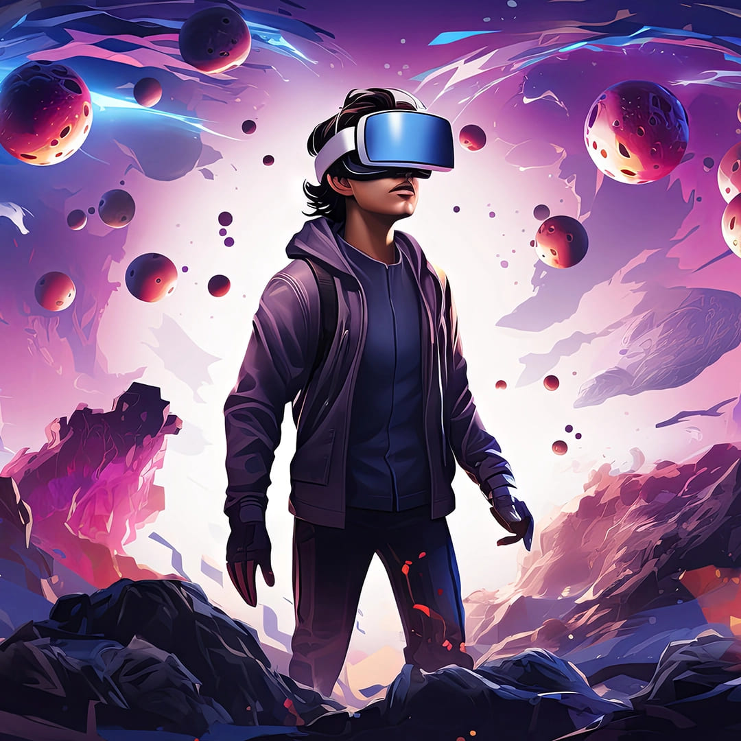 A person wearing a VR headset standing in a vibrant, cosmic world filled with floating planets and glowing meteorites.