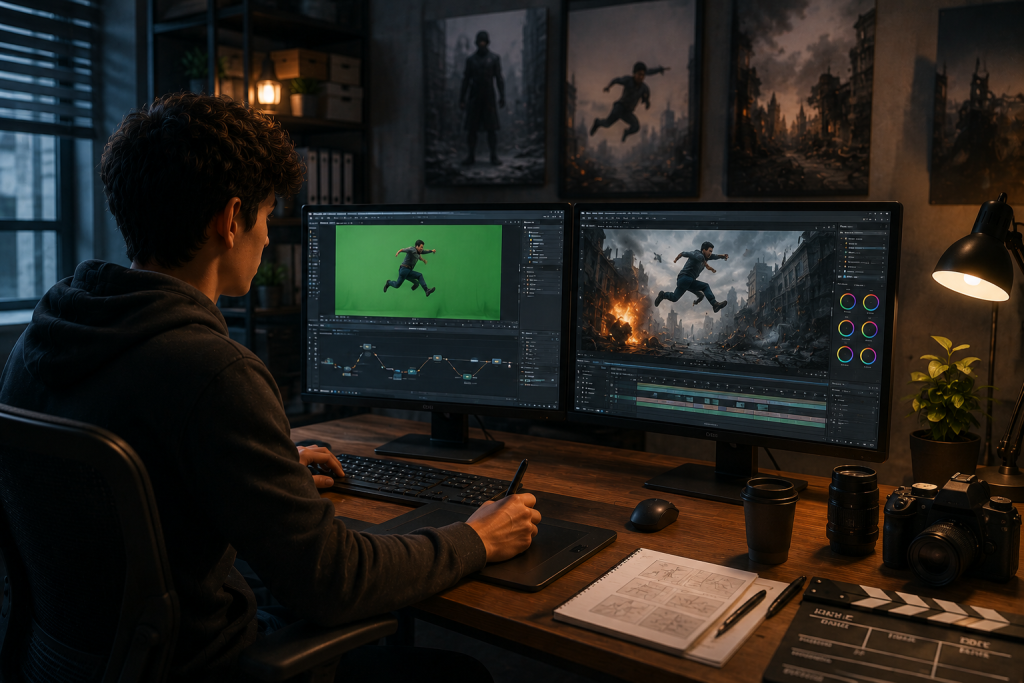A student working on cinematic visual effects production in a dark creative studio, using dual monitors to edit green screen footage, compositing action scenes, and creating CGI effects with professional VFX software.