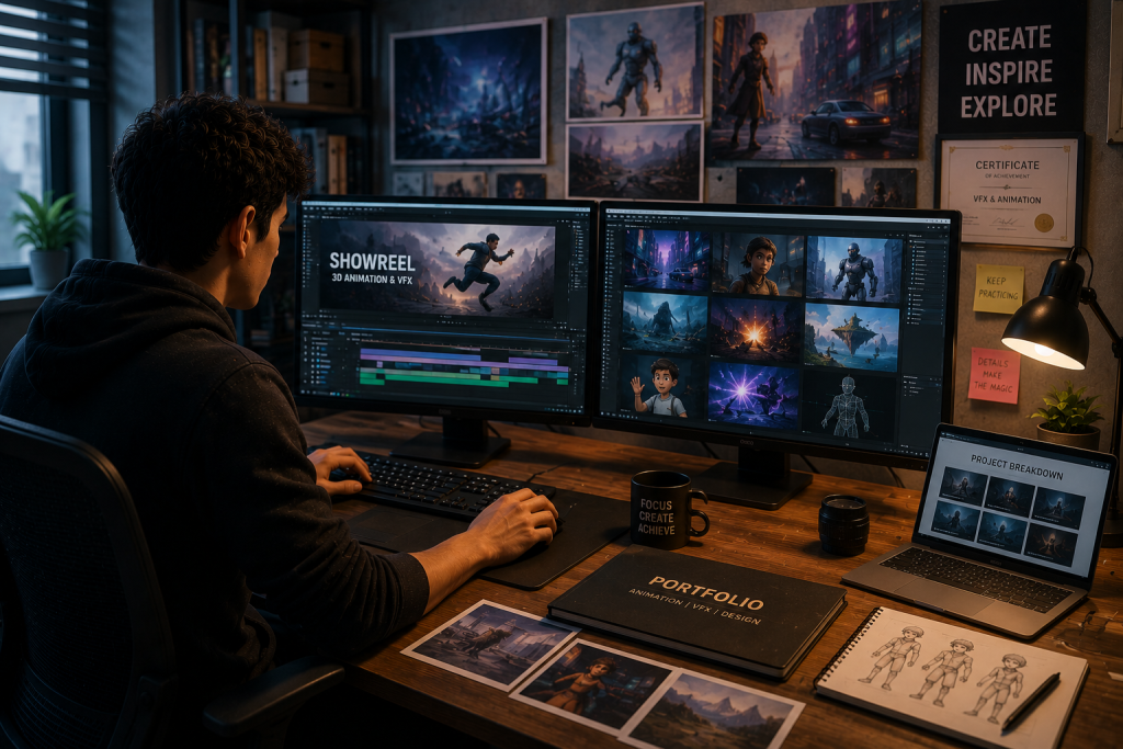 A student building a professional VFX and animation portfolio in a cinematic workspace, editing showreels and creative projects on dual monitors surrounded by concept art, design sketches, and presentation materials.