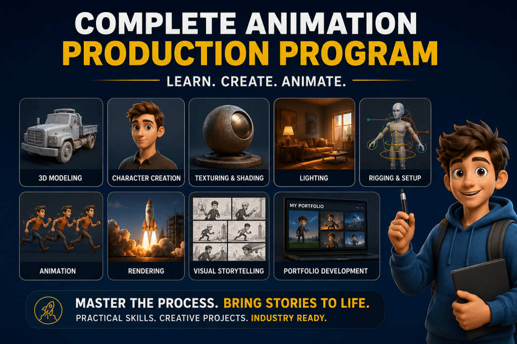 Modern animation production program poster featuring bold typography, 3D animated character artwork, and key animation skills including 3D modeling, character creation, texturing, lighting, rigging, animation, rendering, storytelling, and portfolio development on a dark blue cinematic background.