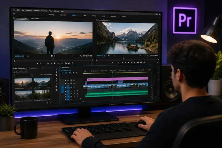 Professional video editor working on Adobe Premiere Pro Course projects