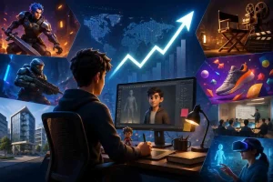 Creative 3D animation career poster highlighting the growing demand for animation professionals across industries like gaming, entertainment, advertising, architecture, education, and marketing. Features cinematic 3D visuals, futuristic digital elements, and modern typography representing creativity, technology, and evolving career opportunities in animation.