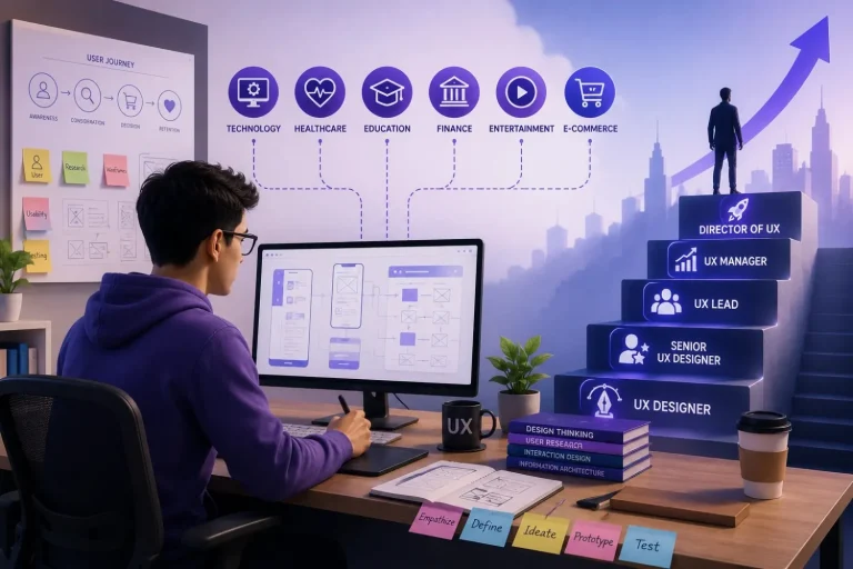 Professional UX designer working on digital product designs with visual elements representing career growth, innovation, user-centered design, and expanding opportunities across technology, healthcare, education, finance, entertainment, and e-commerce industries.