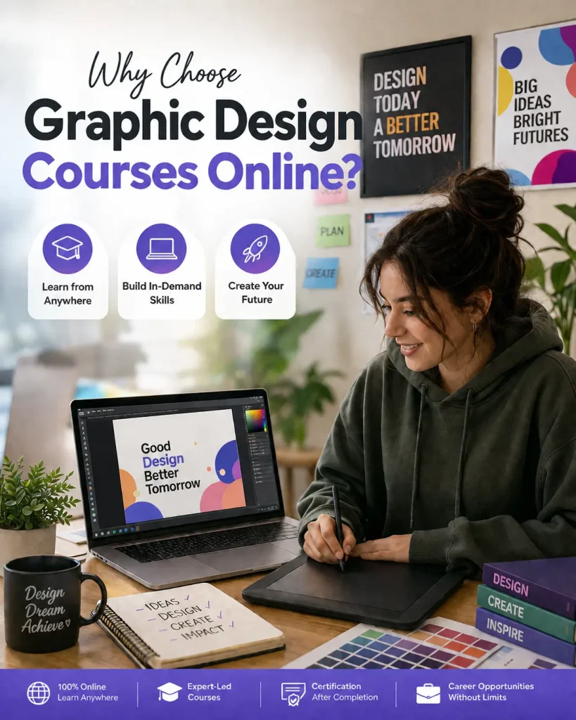 Student learning graphic design online using a laptop and drawing tablet in a modern workspace. The image represents online graphic design courses, creative skill development, certification, and career opportunities in graphic design.