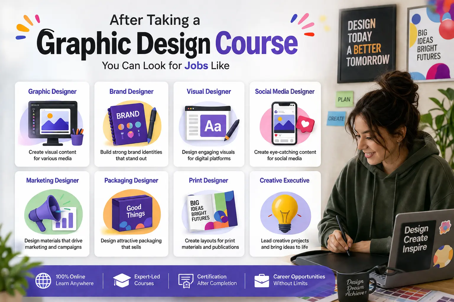 Graphic design career opportunities after completing a graphic design course, including roles such as Graphic Designer, Brand Designer, Visual Designer, Social Media Designer, Marketing Designer, Packaging Designer, Print Designer, and Creative Executive.